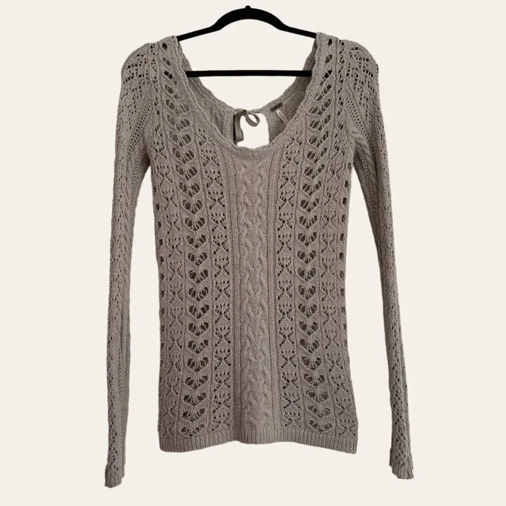Free People Boho Crochet Tie Open Back S Top Stone Beige Tan Long Sleeves EUC - Picture 2 of 13